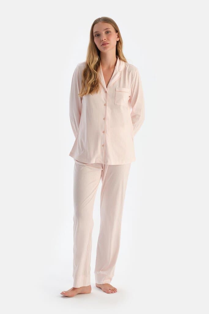 Dagi Light Pink Striped Cotton Modal Pajama Set