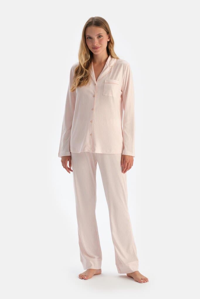 Dagi Light Pink Striped Cotton Modal Pajama Set 4