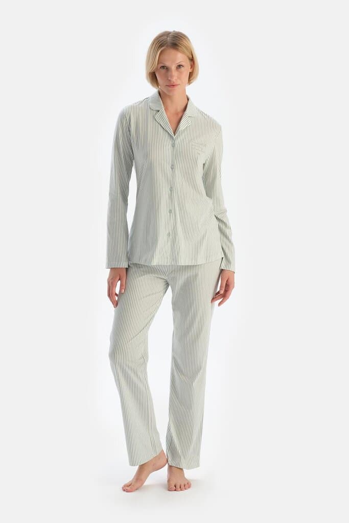 Dagi Turquoise Striped Embroidered Cotton Pajama Set 4