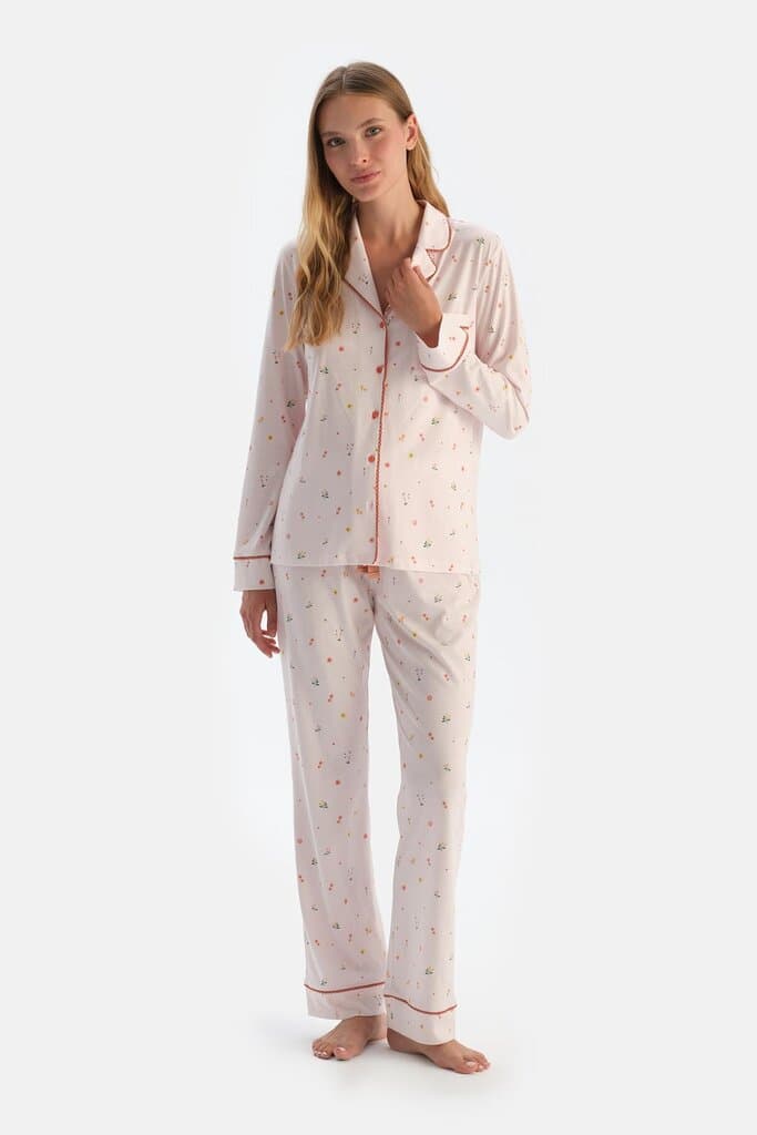 Dagi Off-White Printed Shirt and Pants Pajama Set