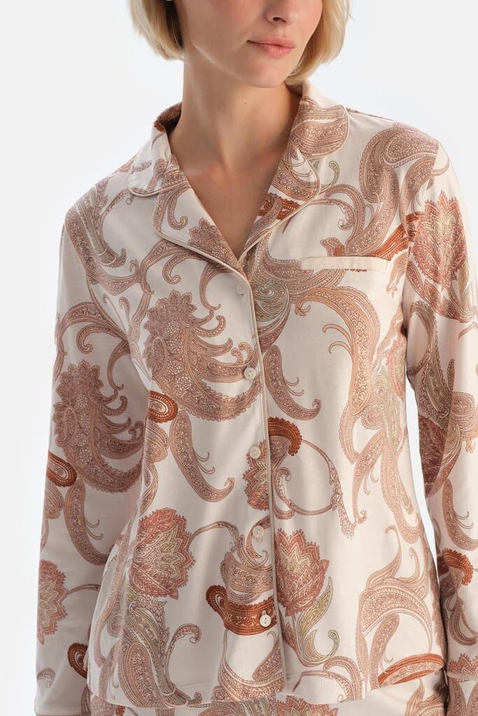 Dagi Off-White Shal Patterned Shirt and Pants Pajama Set 5