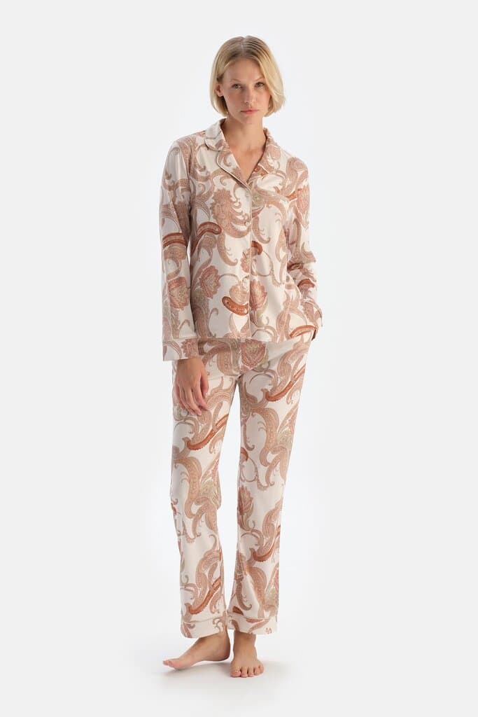 Dagi Off-White Shal Patterned Shirt and Pants Pajama Set