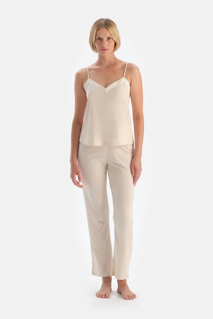 Dagi Off-White Modal Pajama Set with Thin Straps and Satin Trim