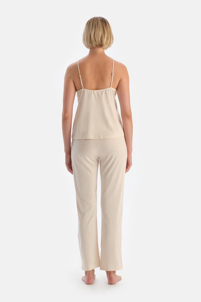 Dagi Off-White Modal Pajama Set with Thin Straps and Satin Trim 2