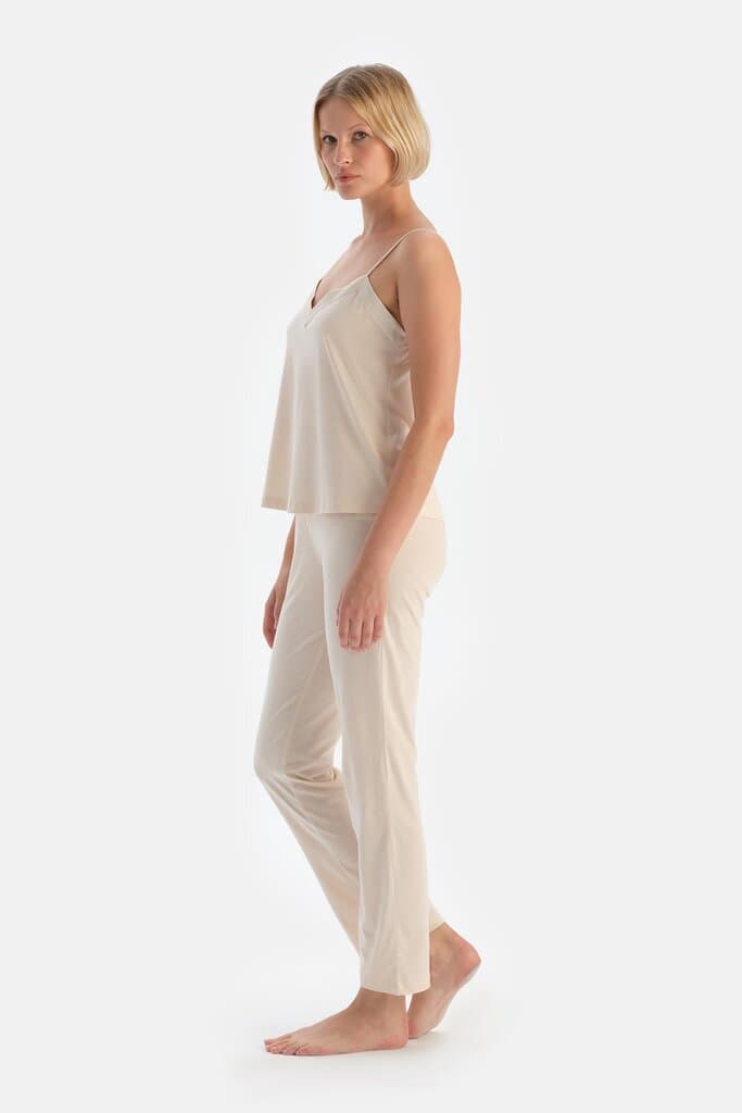 Dagi Off-White Modal Pajama Set with Thin Straps and Satin Trim 3