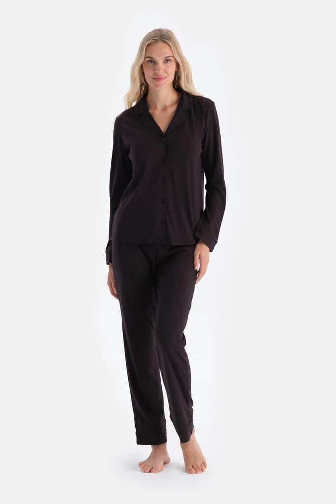 Dagi Dark Coffee Lace Detail Pajama Set