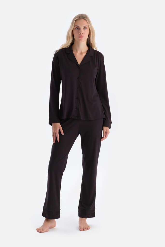 Dagi Dark Coffee Lace Detail Pajama Set 4