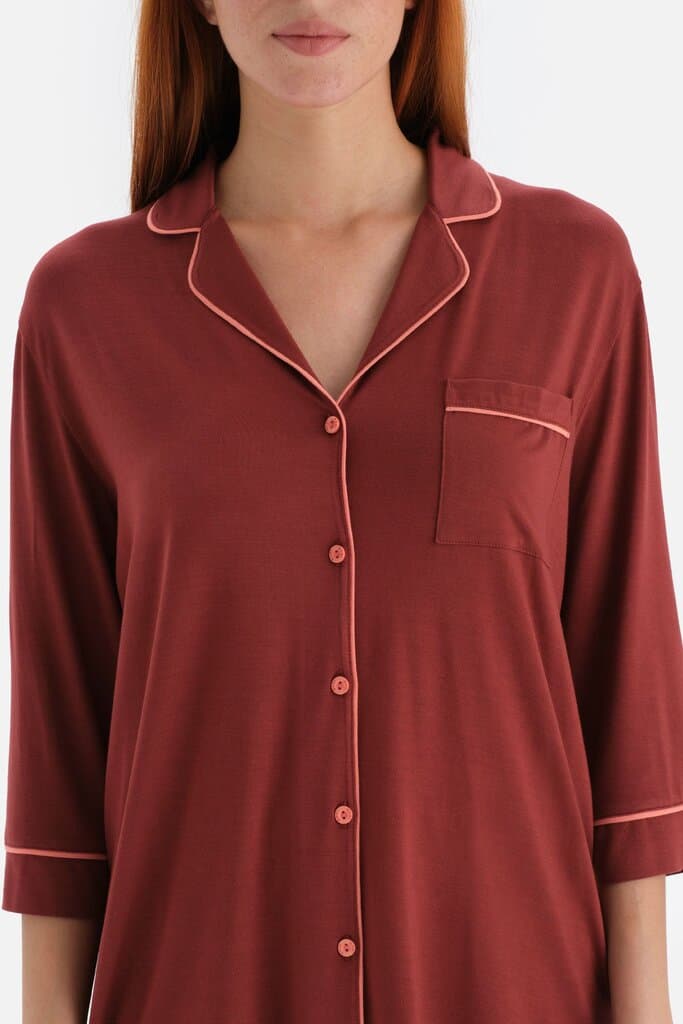 Dagi Brown Piping Detail Shirt Collar Viscose Pajama Set 5