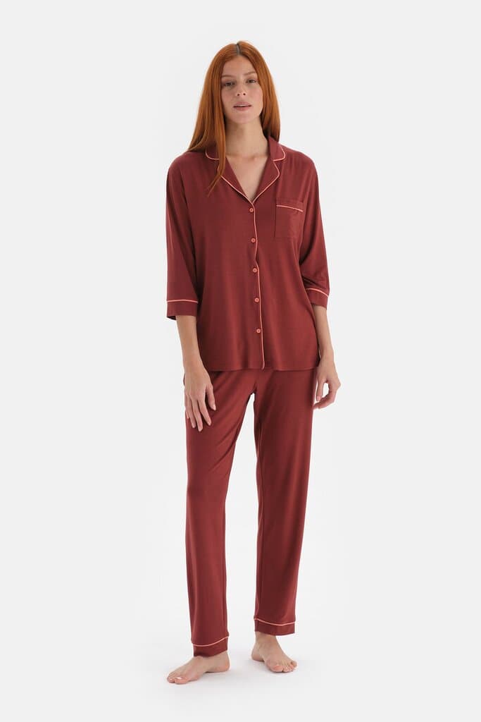 Dagi Brown Piping Detail Shirt Collar Viscose Pajama Set 6