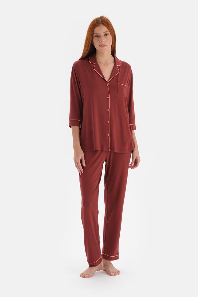 Dagi Brown Piping Detail Shirt Collar Viscose Pajama Set
