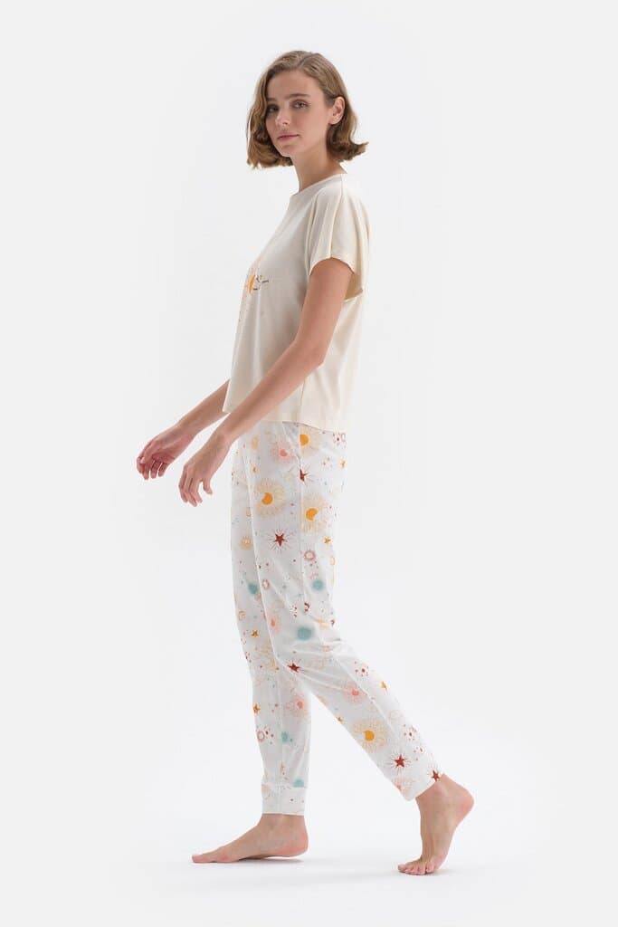 Dagi Women's Short-Sleeve Cotton Pajama Set with a Broken White Pattern 5