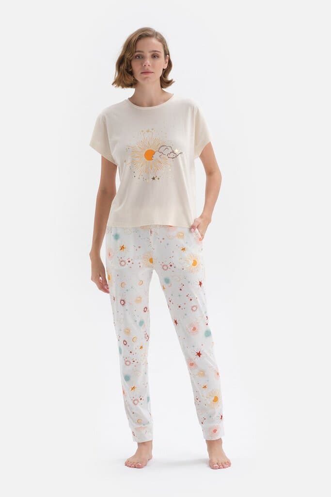 Dagi Women's Short-Sleeve Cotton Pajama Set with a Broken White Pattern 6