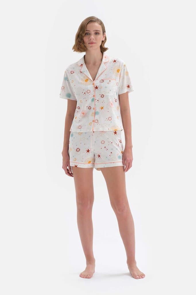 Dagi Broken White Cotton Shorts Pajama Set with Pattern 6
