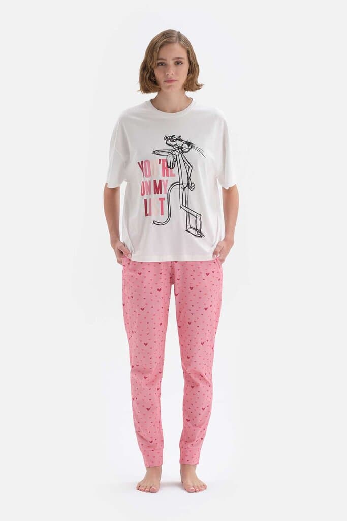 Dagi Women's White Short Sleeve Panther Licensed Cotton Pajama Set 5