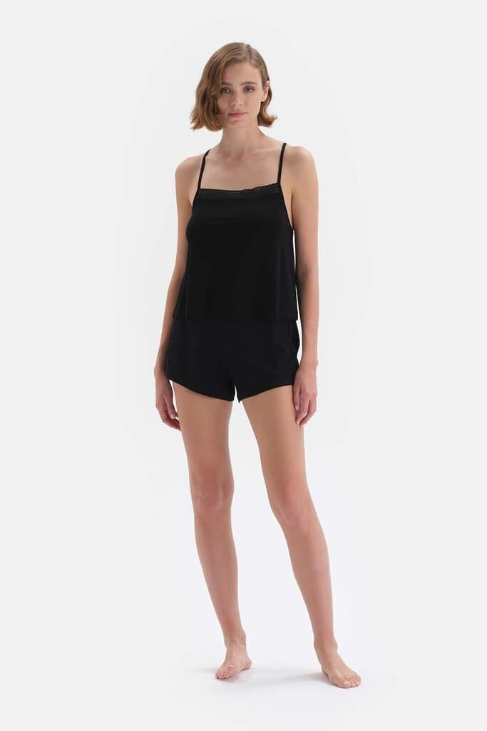Dagi Black Cross Strap Viscose Short Pyjama Set 6