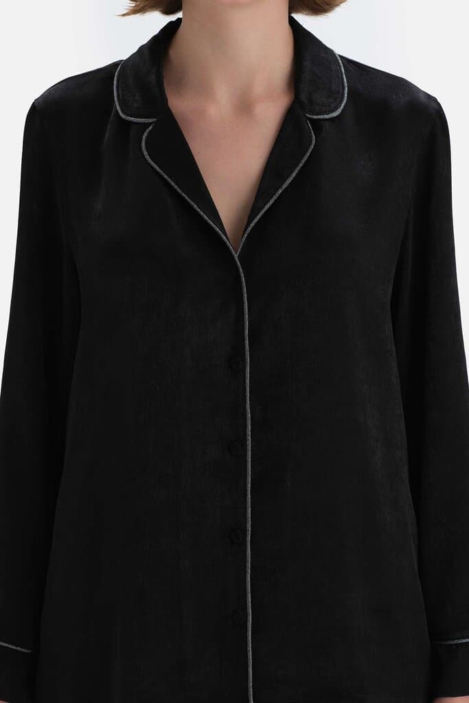 Dagi Black Satin Pajama Set with Shirt Collar Stripe Detail 4