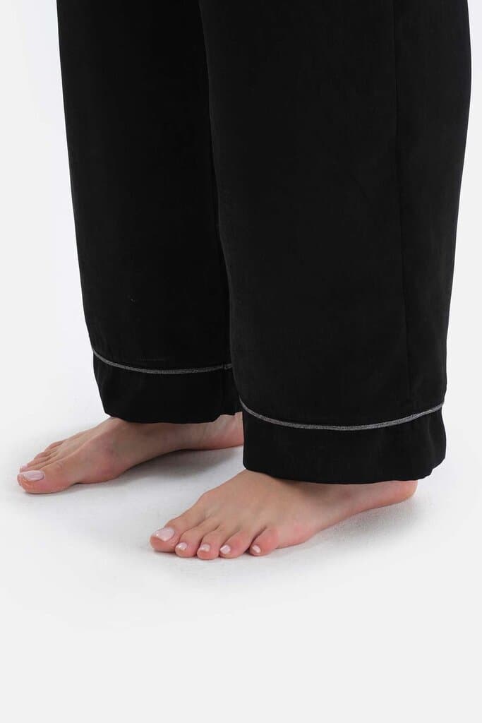 Dagi Black Satin Pajama Set with Shirt Collar Stripe Detail 6