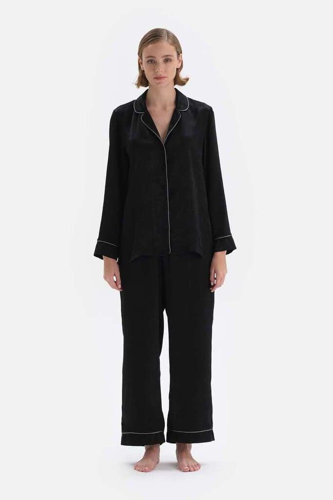 Dagi Black Satin Pajama Set with Shirt Collar Stripe Detail 7