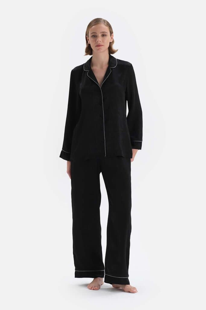 Dagi Black Satin Pajama Set with Shirt Collar Stripe Detail