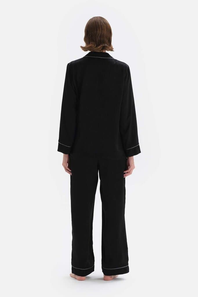 Dagi Black Satin Pajama Set with Shirt Collar Stripe Detail 2