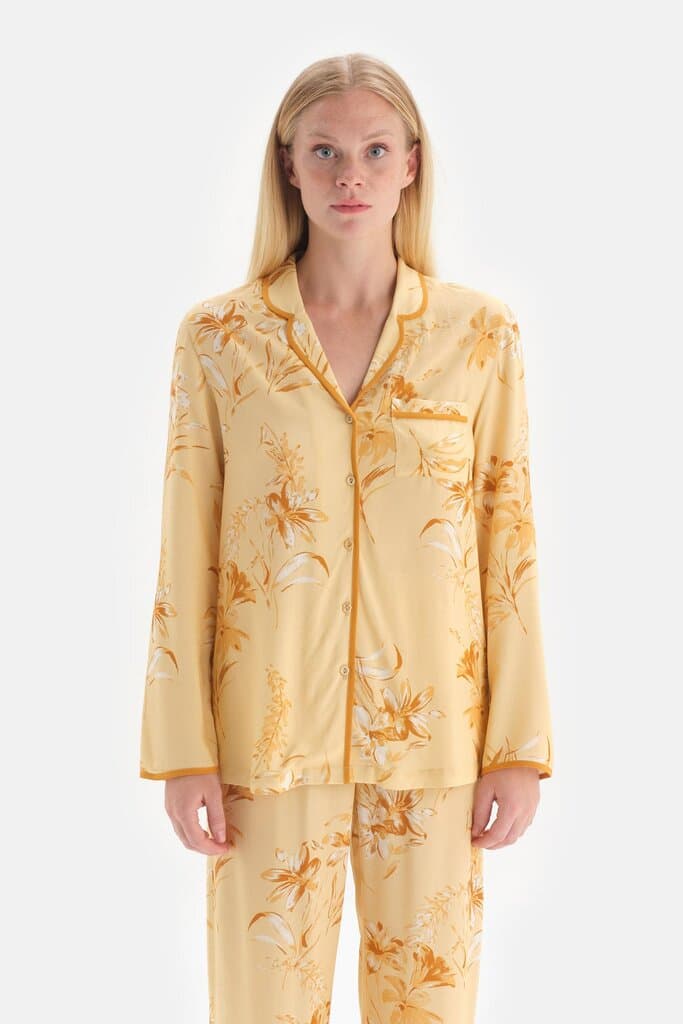 Dagi Yellow Flower Print Jacket Collar Pajama Set 7