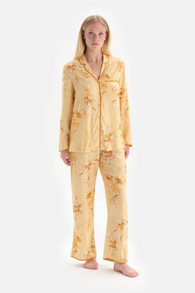 Dagi Yellow Flower Print Jacket Collar Pajama Set