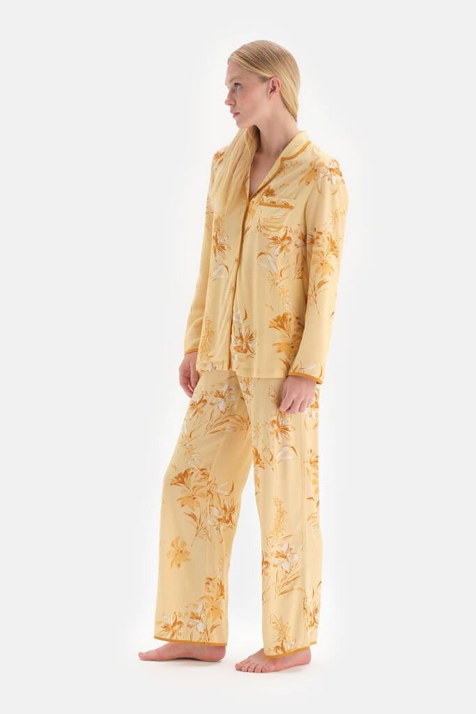 Dagi Yellow Flower Print Jacket Collar Pajama Set 3
