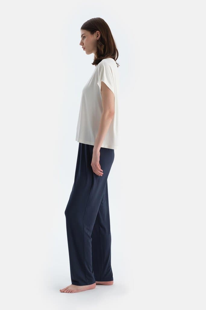 Dagi White Broken Stitch Detail Viscose T-Shirt and Pants Pajama Set 3