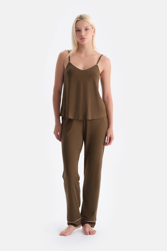 Dagi Khaki V-Neck Thin Strap Viscose Tank Top and Pants Pajama Set