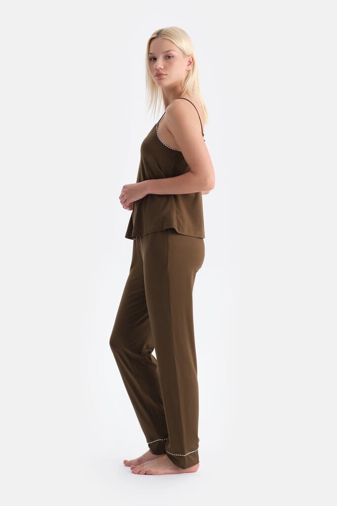 Dagi Khaki V-Neck Thin Strap Viscose Tank Top and Pants Pajama Set 3