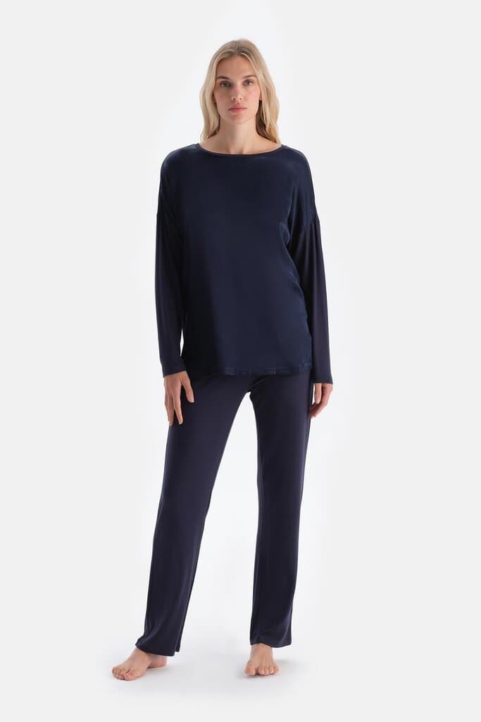 Dagi Navy Blue Satin Trimmed Long-Sleeve Pajama Set