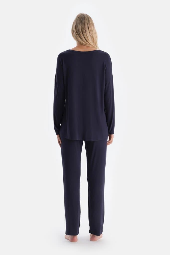 Dagi Navy Blue Satin Trimmed Long-Sleeve Pajama Set 2