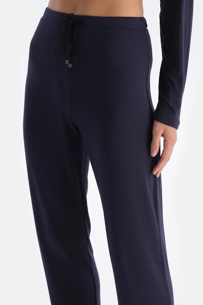 Dagi Navy Blue Satin Trimmed Long-Sleeve Pajama Set 4