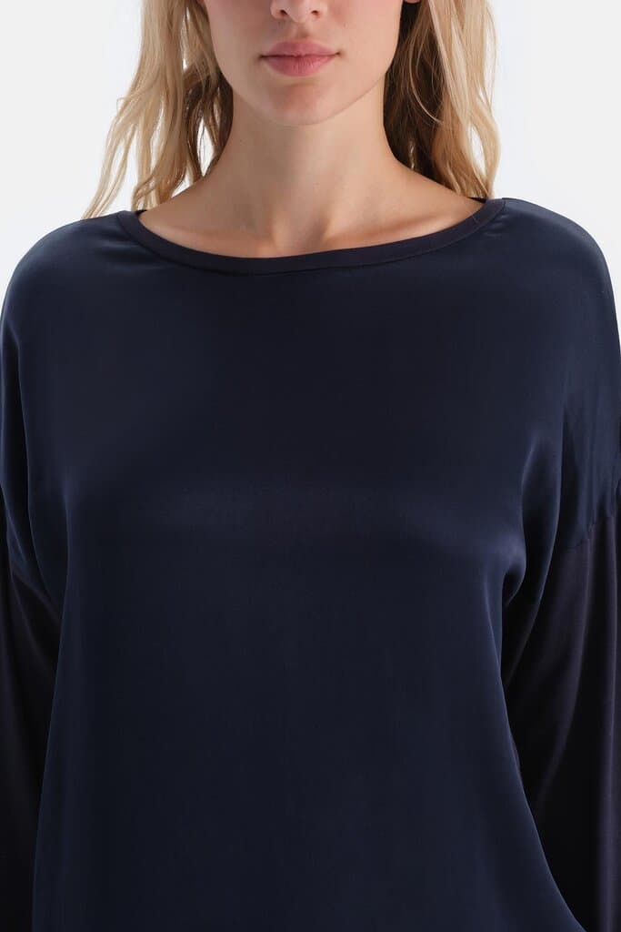Dagi Navy Blue Satin Trimmed Long-Sleeve Pajama Set 5