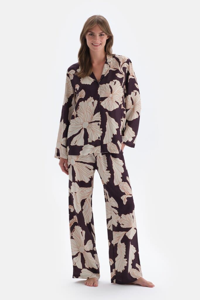 Dagi Purple Flower Print Satin Pajama Bottoms