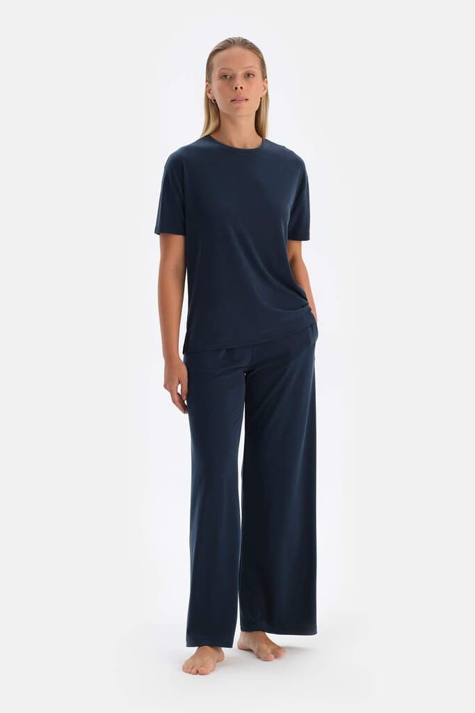 Dagi Navy Blue Cupro Trousers with Pockets