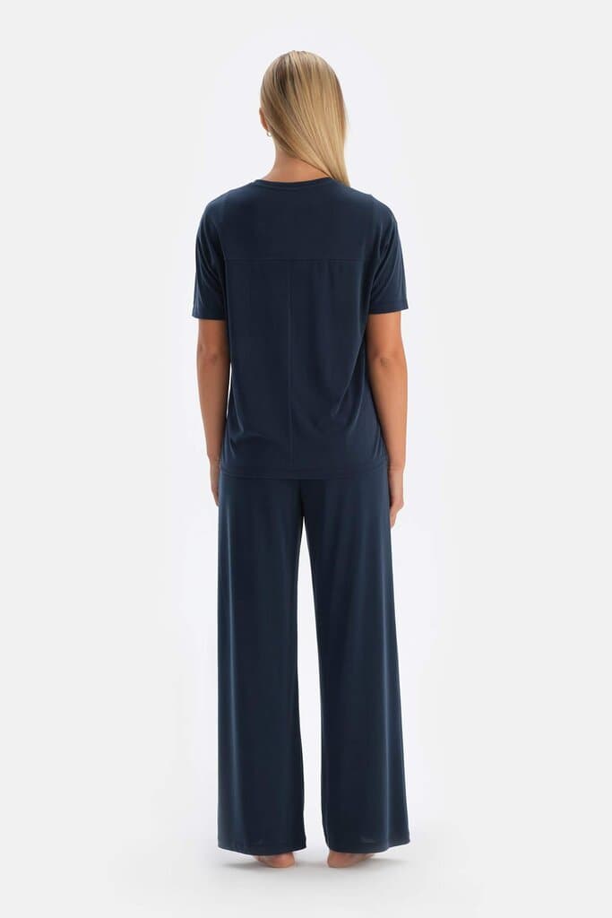 Dagi Navy Blue Cupro Trousers with Pockets 2