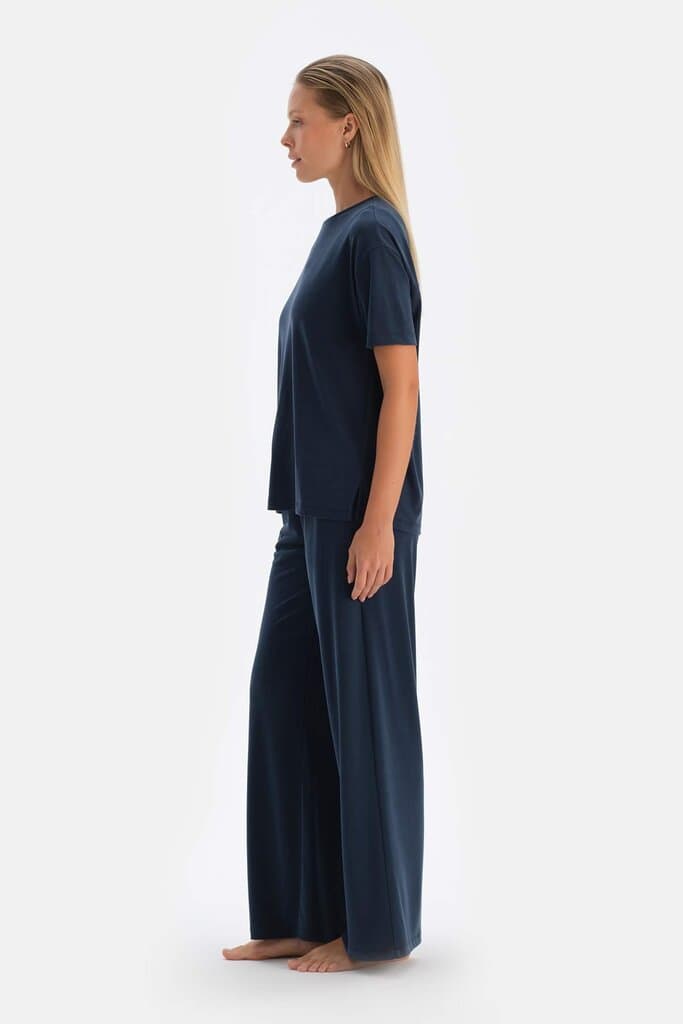 Dagi Navy Blue Cupro Trousers with Pockets 3