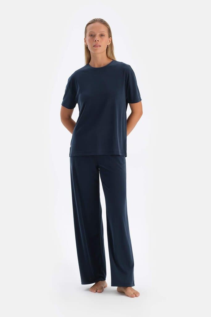Dagi Navy Blue Cupro Trousers with Pockets 4