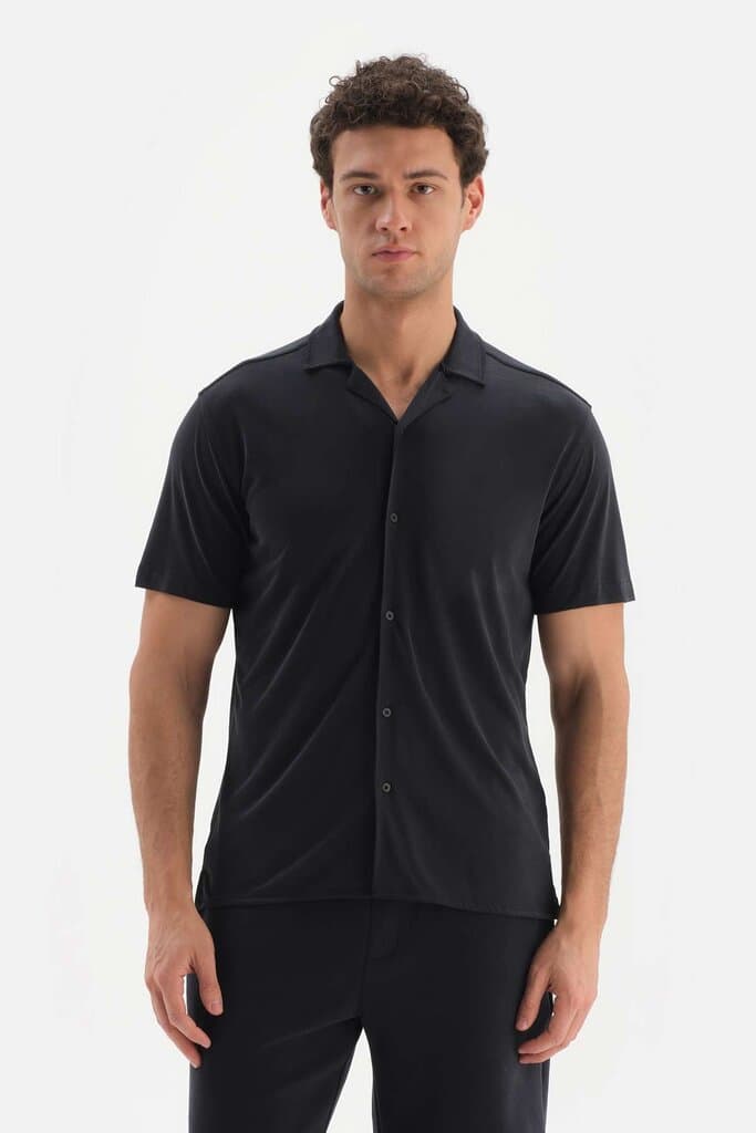Dagi Navy Blue Cupra Short Sleeve Modal Shirt