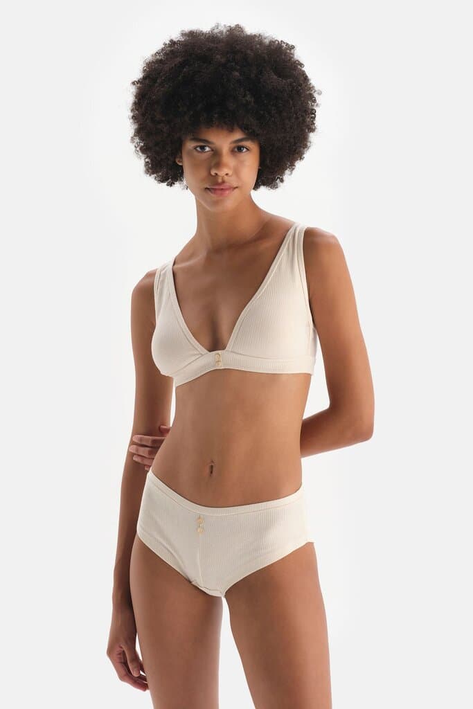Dagi Off-White Ribbed Brazilian Brief with Button Detail