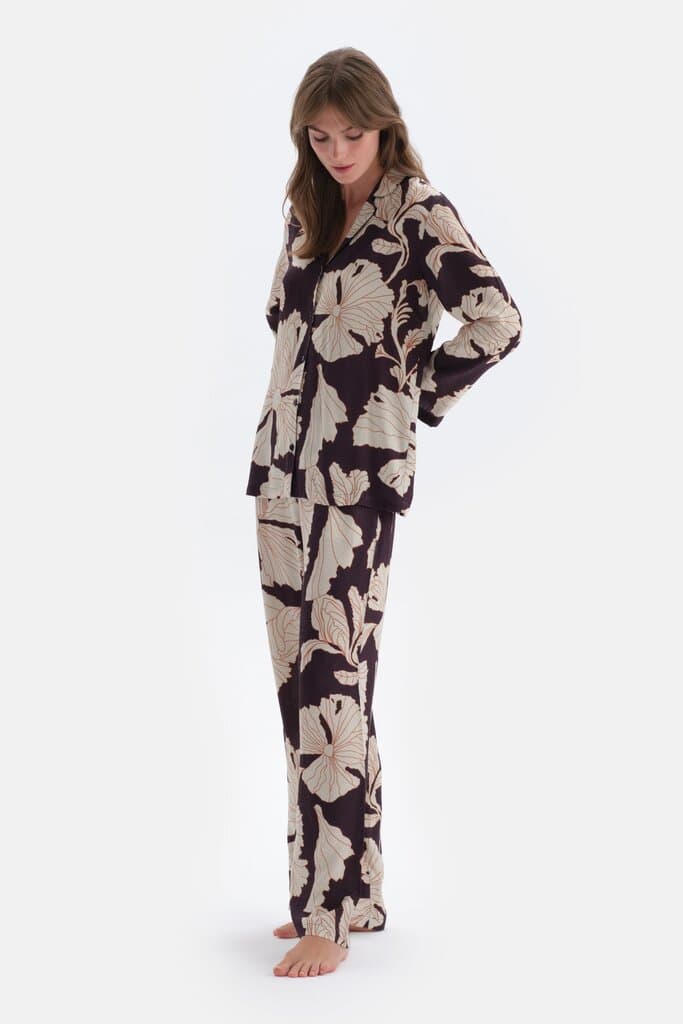 Dagi Purple Flower Print Satin Shirt Pajama Top 3