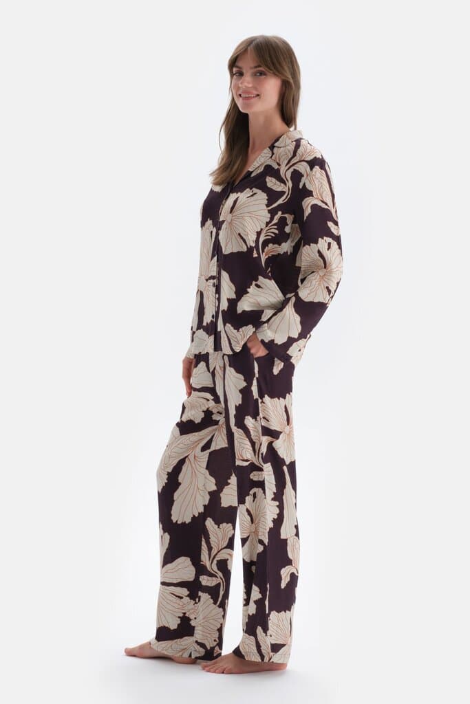 Dagi Purple Flower Print Satin Shirt Pajama Top 4