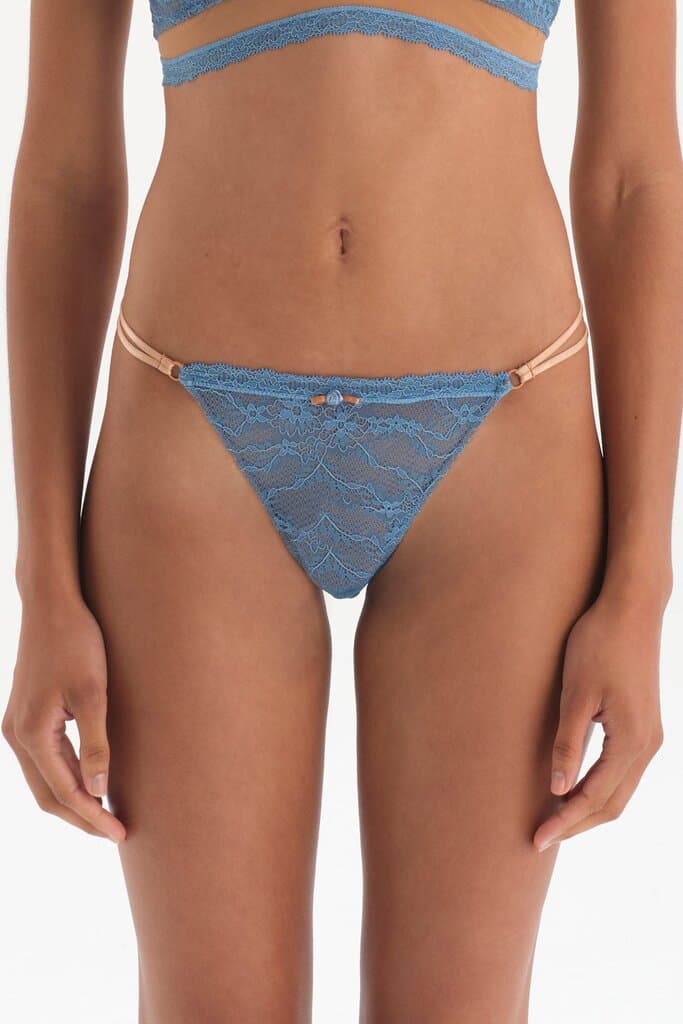 Dagi Blue Lace Detail Garter Tanga Panty