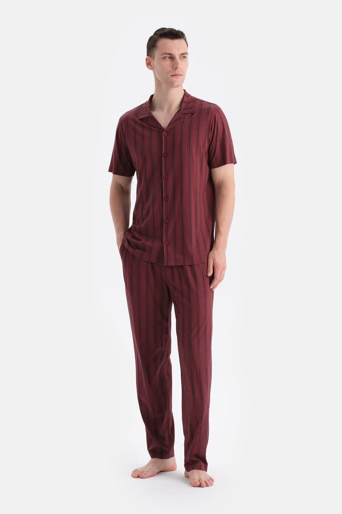 Dagi Burgundy Striped Shirt and Pants Set 4
