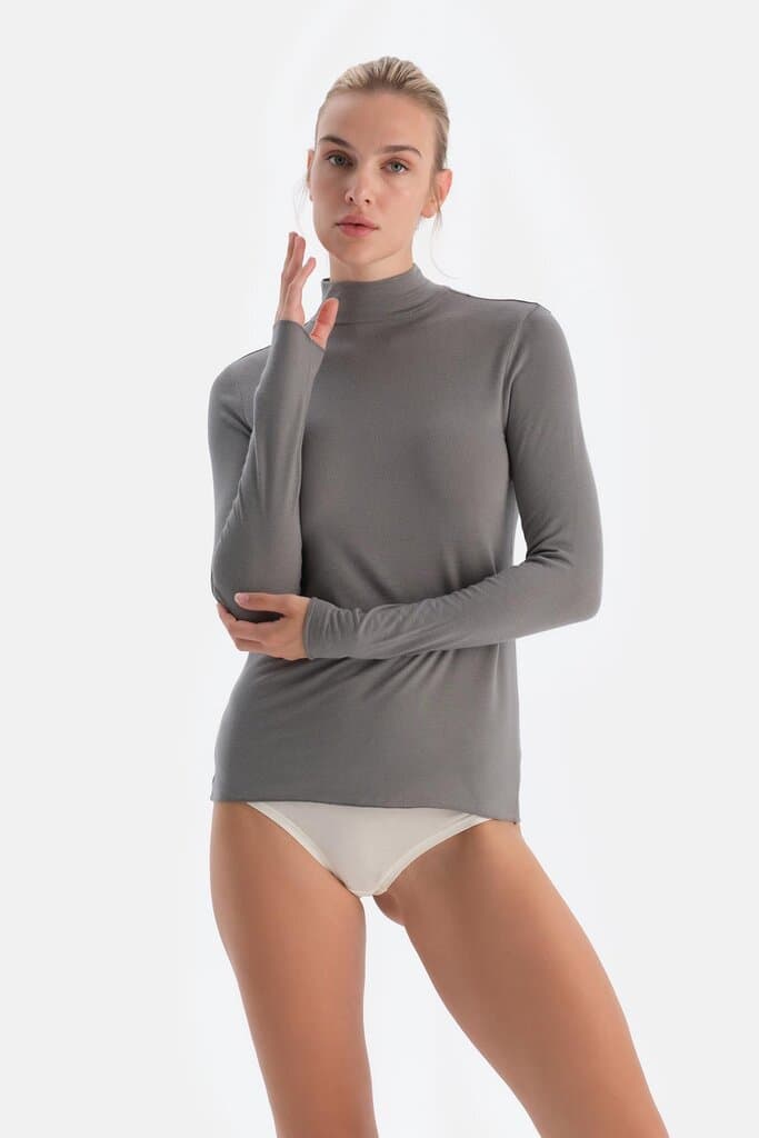 Dagi Dark Gray 5118Kc Modal Cashmere Fisherman's Knit Long-Sleeve Top 4