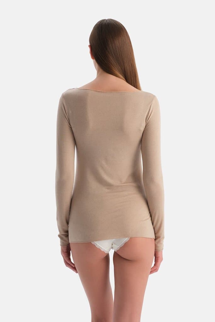 Dagi Milk Coffee Modal Cashmere Boat Neck Long Sleeve Top 2