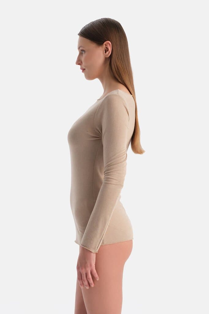 Dagi Milk Coffee Modal Cashmere Boat Neck Long Sleeve Top 3