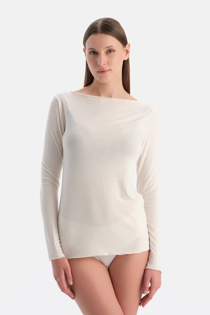 Dagi Ecru Modal Cashmere Bateau Neck Long Sleeve Top