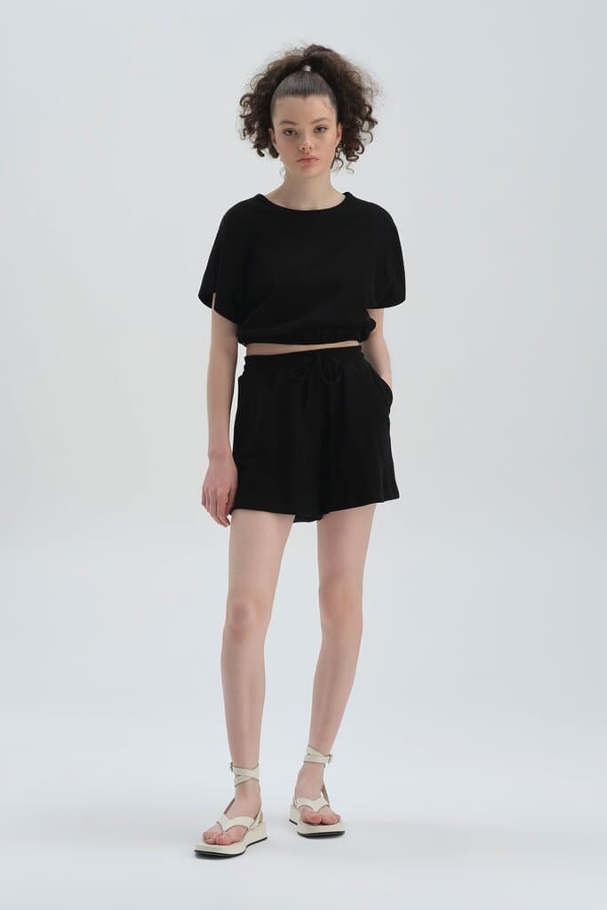 Dagi Black Cotton Wide Leg Shorts